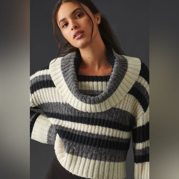 Anthropologie Sweaters - Anthropologie Black and Cream Striped Cowl Neck Sweater
